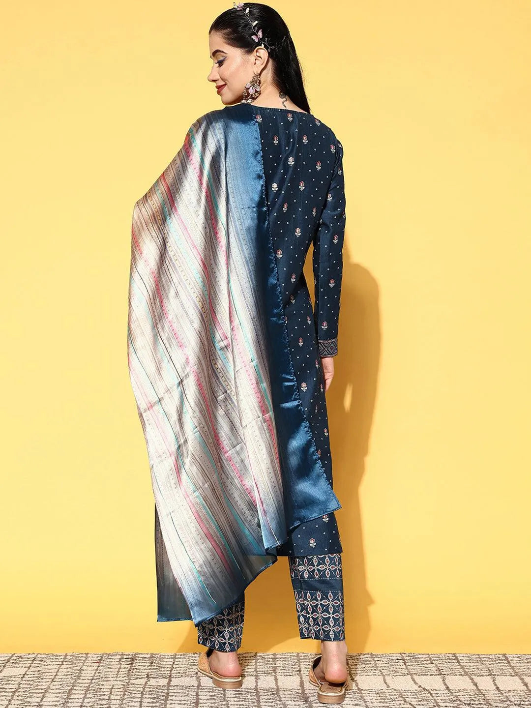 Blue Printed Silk Blend Straight Suit Set - Libas