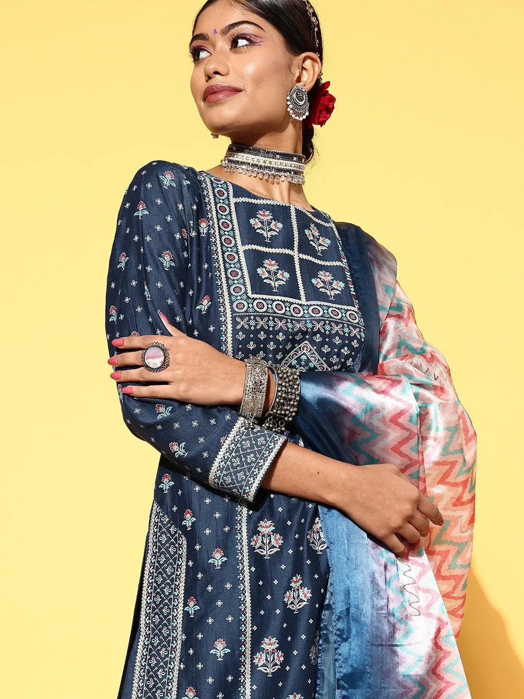 Blue Printed Silk Blend Straight Suit Set - Libas