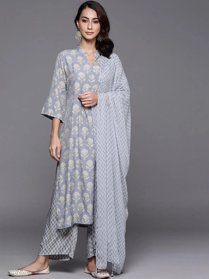 Blue Printed Silk Blend Suit Set - Libas