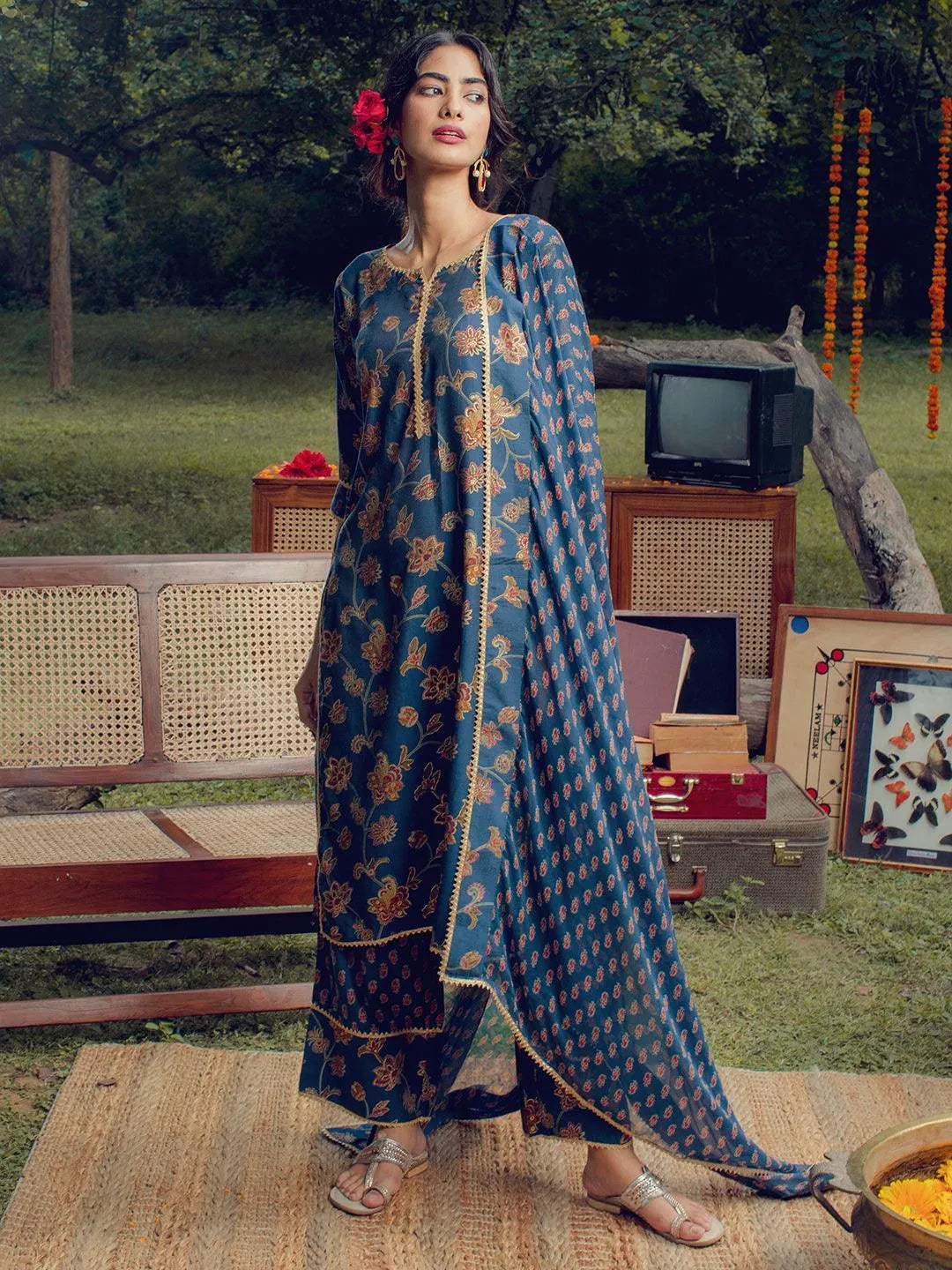 Blue Printed Silk Blend Suit Set - Libas 