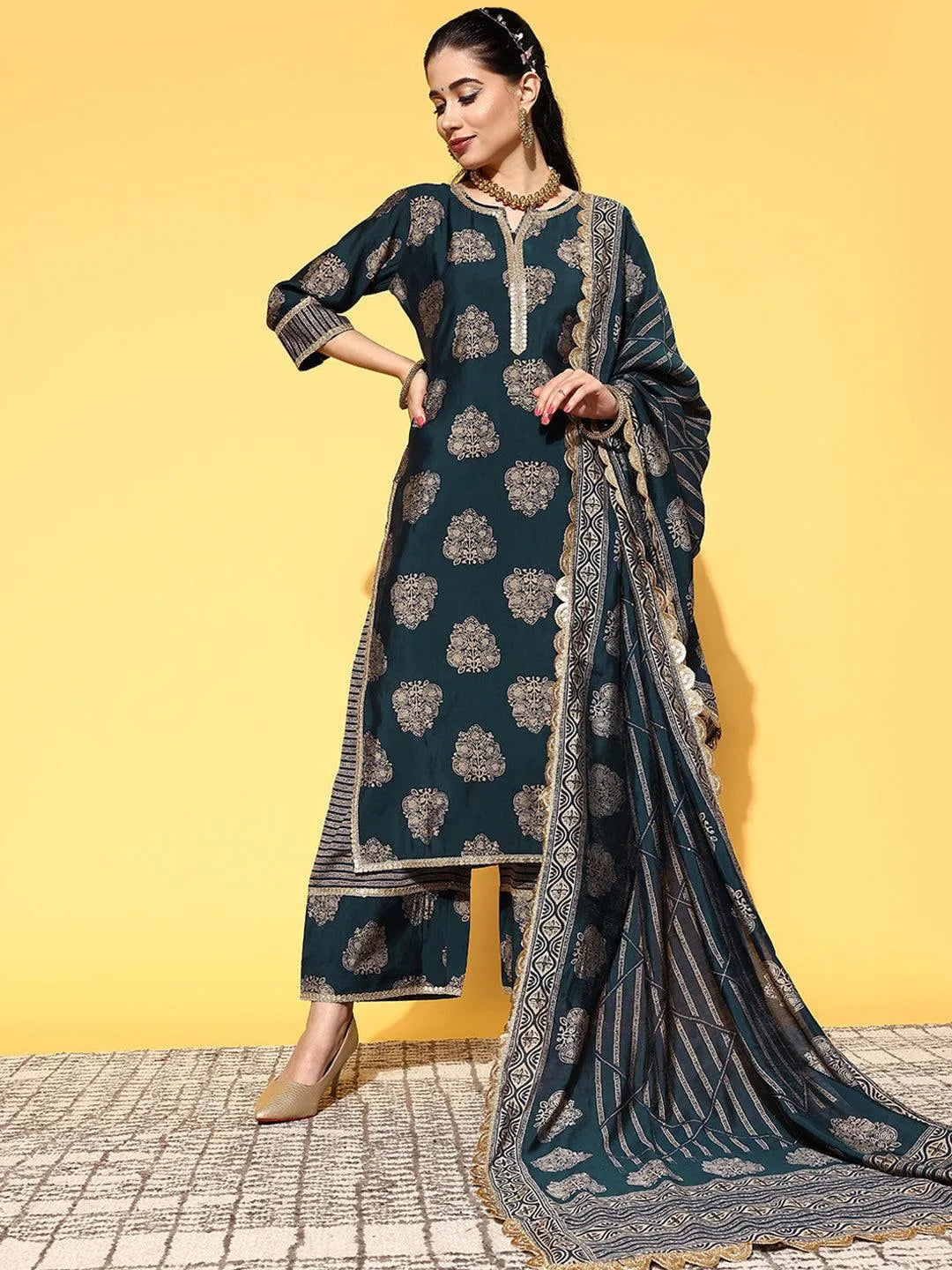 Blue Printed Silk Blend Straight Suit Set - Libas