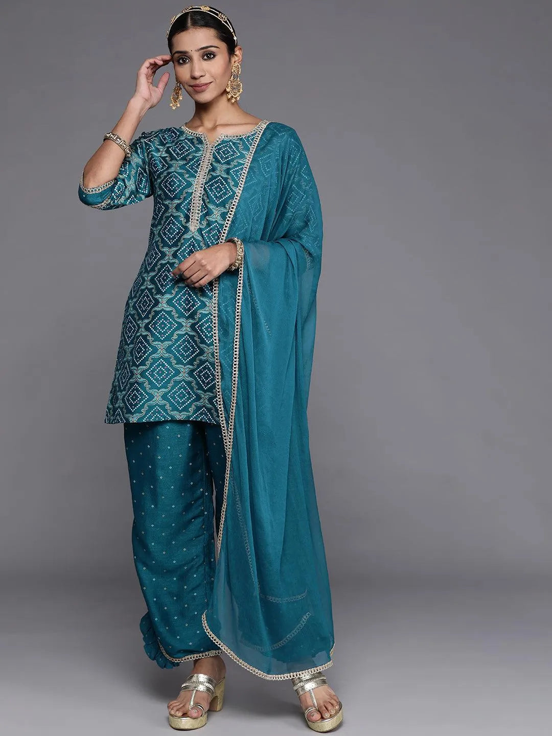 Blue Printed Silk Blend Straight Suit Set With Palazzos - Libas