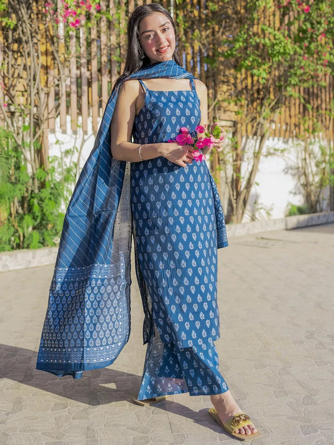 Blue Printed Silk Blend Straight Suit Set With Palazzos - Libas 