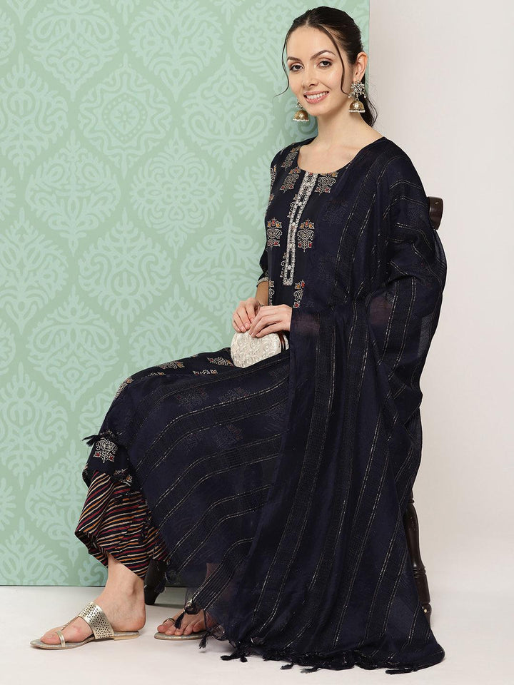 Blue Printed Silk Blend Straight Kurta With Palazzos & Dupatta - Libas