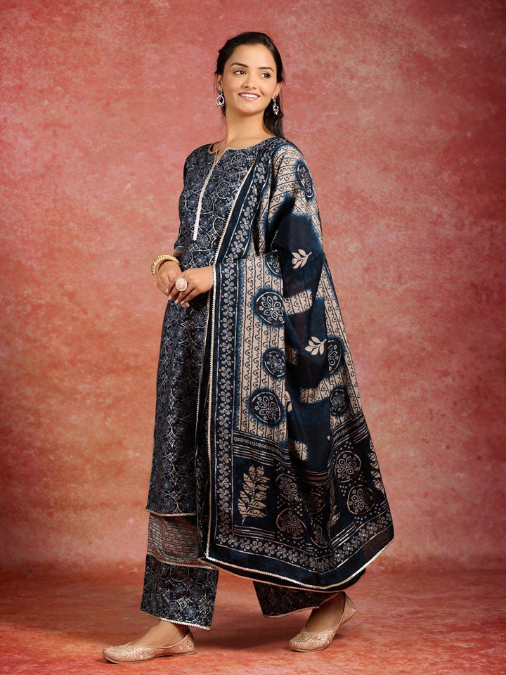 Blue Printed Silk Blend Straight Kurta With Palazzos & Dupatta - Libas