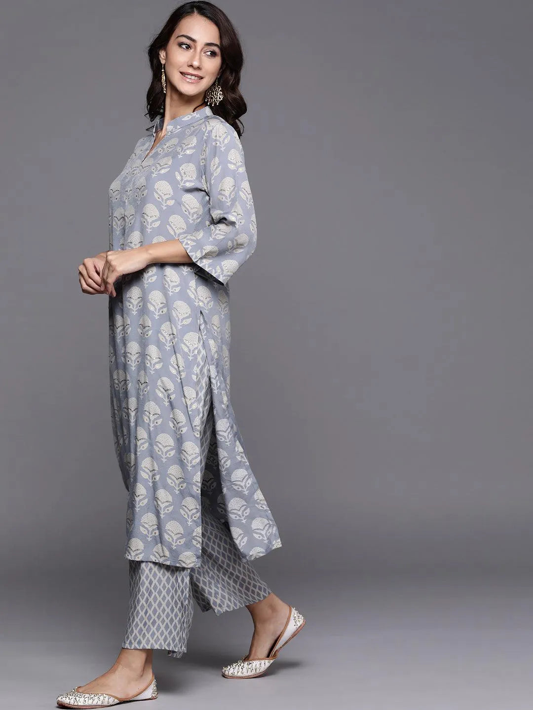 Blue Printed Silk Blend Suit Set - Libas