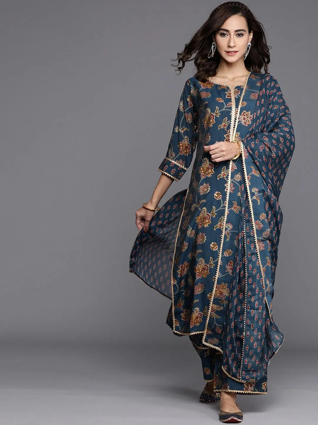 Blue Printed Silk Blend Suit Set - Libas 