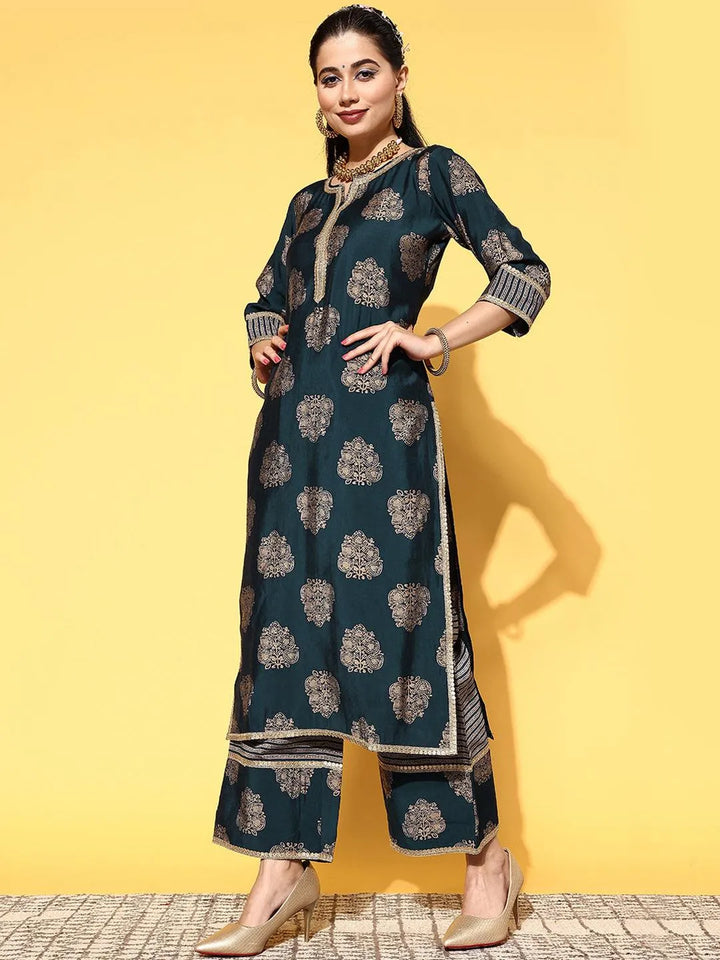 Blue Printed Silk Blend Straight Suit Set - Libas