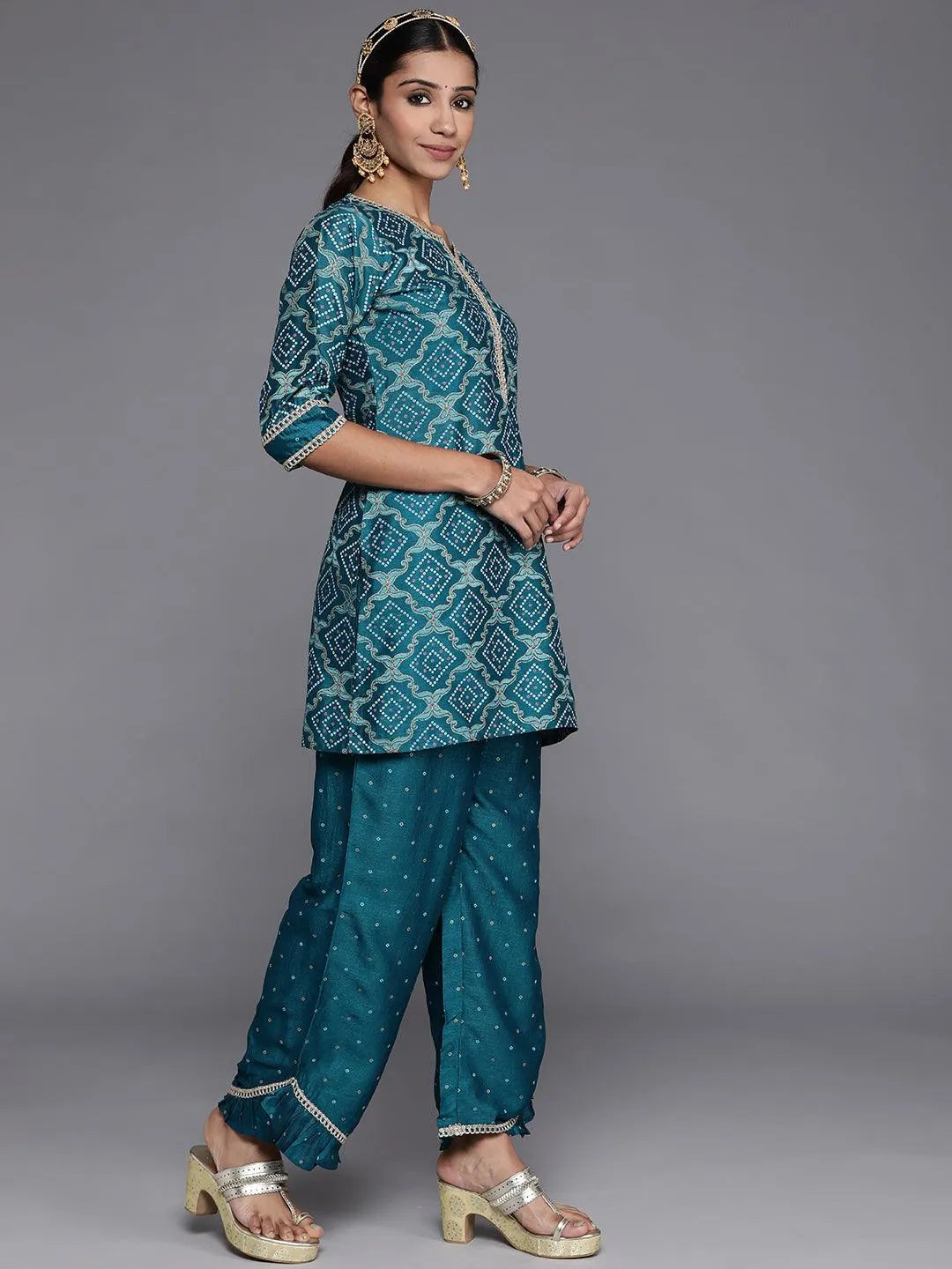 Blue Printed Silk Blend Straight Suit Set With Palazzos - Libas