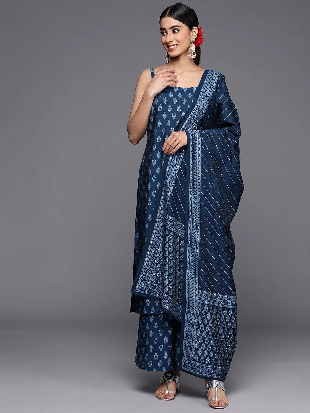 Blue Printed Silk Blend Straight Suit Set With Palazzos - Libas 