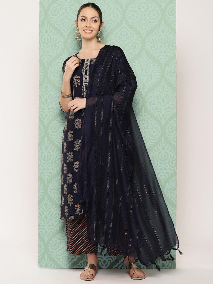 Blue Printed Silk Blend Straight Kurta With Palazzos & Dupatta - Libas