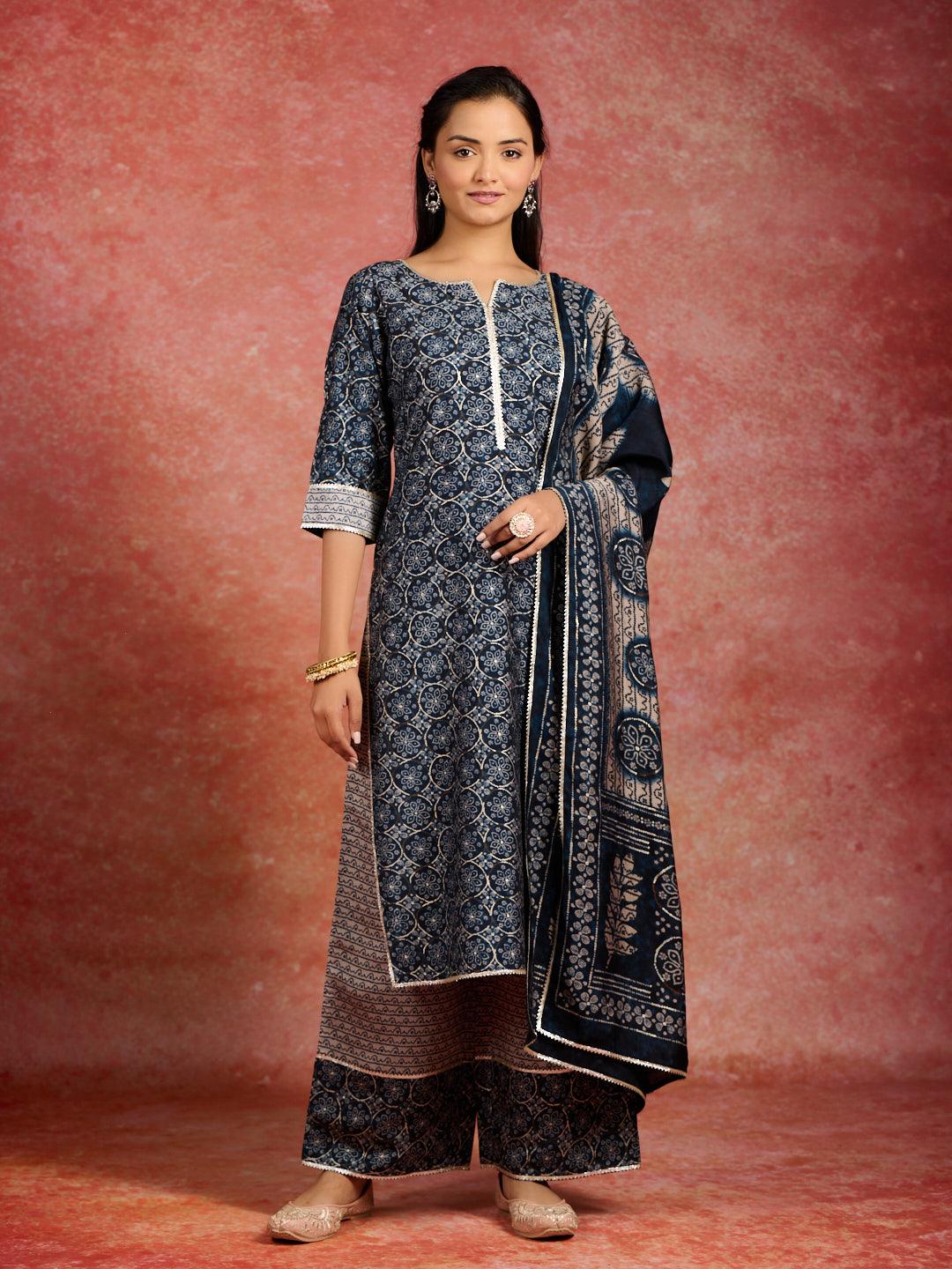 Blue Printed Silk Blend Straight Kurta With Palazzos & Dupatta - Libas