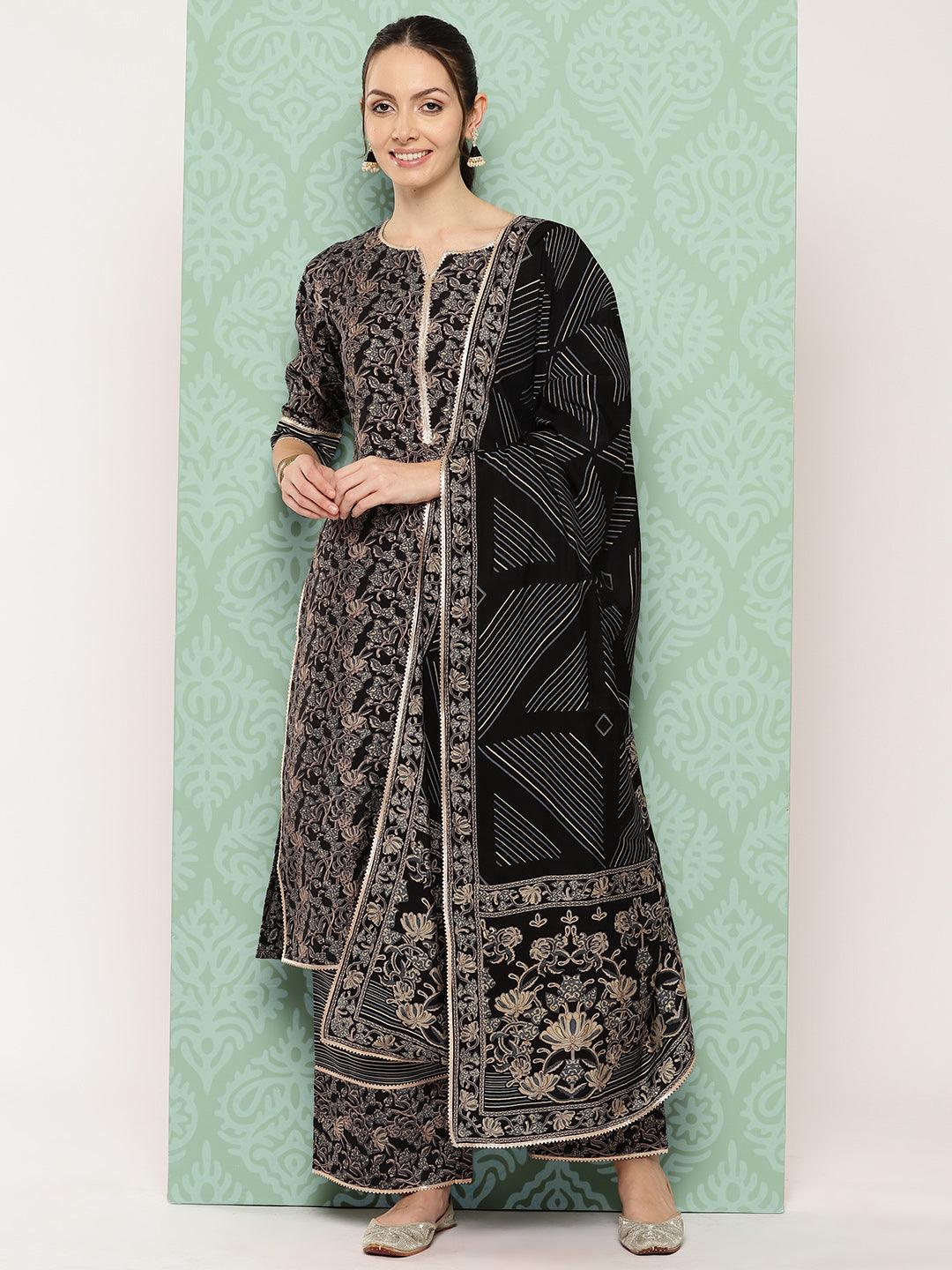 Blue Printed Silk Blend Straight Kurta With Palazzos & Dupatta - Libas 