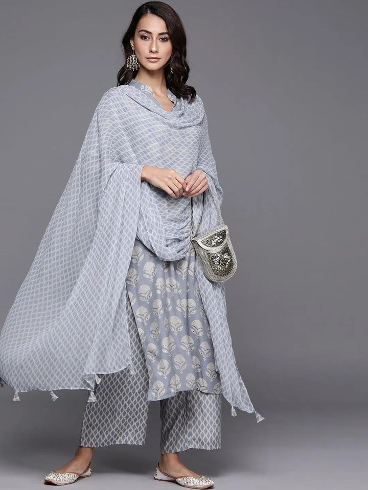 Blue Printed Silk Blend Suit Set - Libas