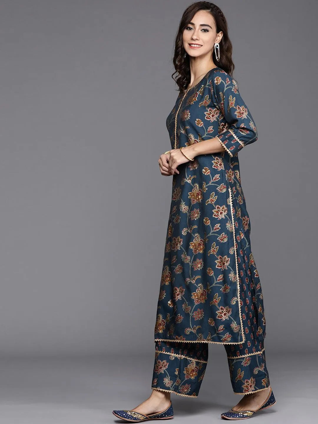 Blue Printed Silk Blend Suit Set - Libas 