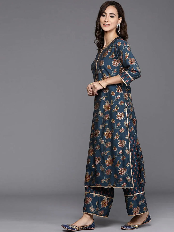 Blue Printed Silk Blend Suit Set - Libas