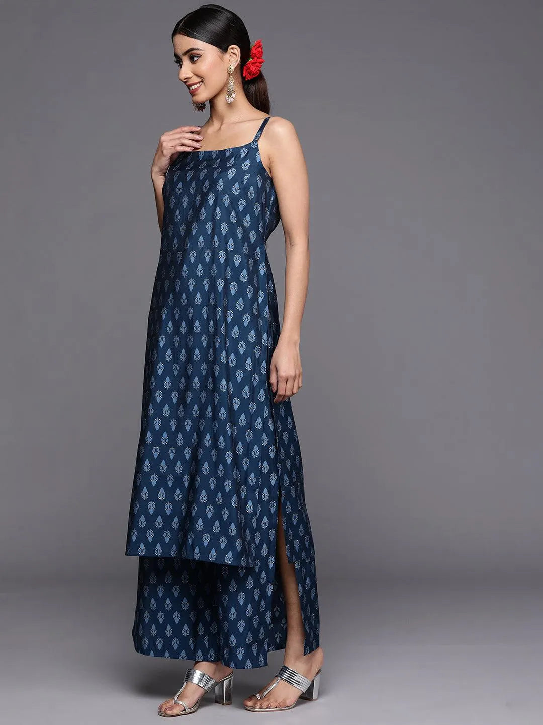 Blue Printed Silk Blend Straight Suit Set With Palazzos - Libas 