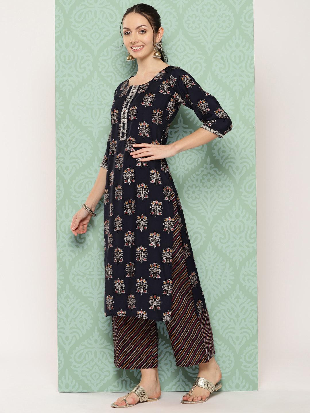 Blue Printed Silk Blend Straight Kurta With Palazzos & Dupatta - Libas