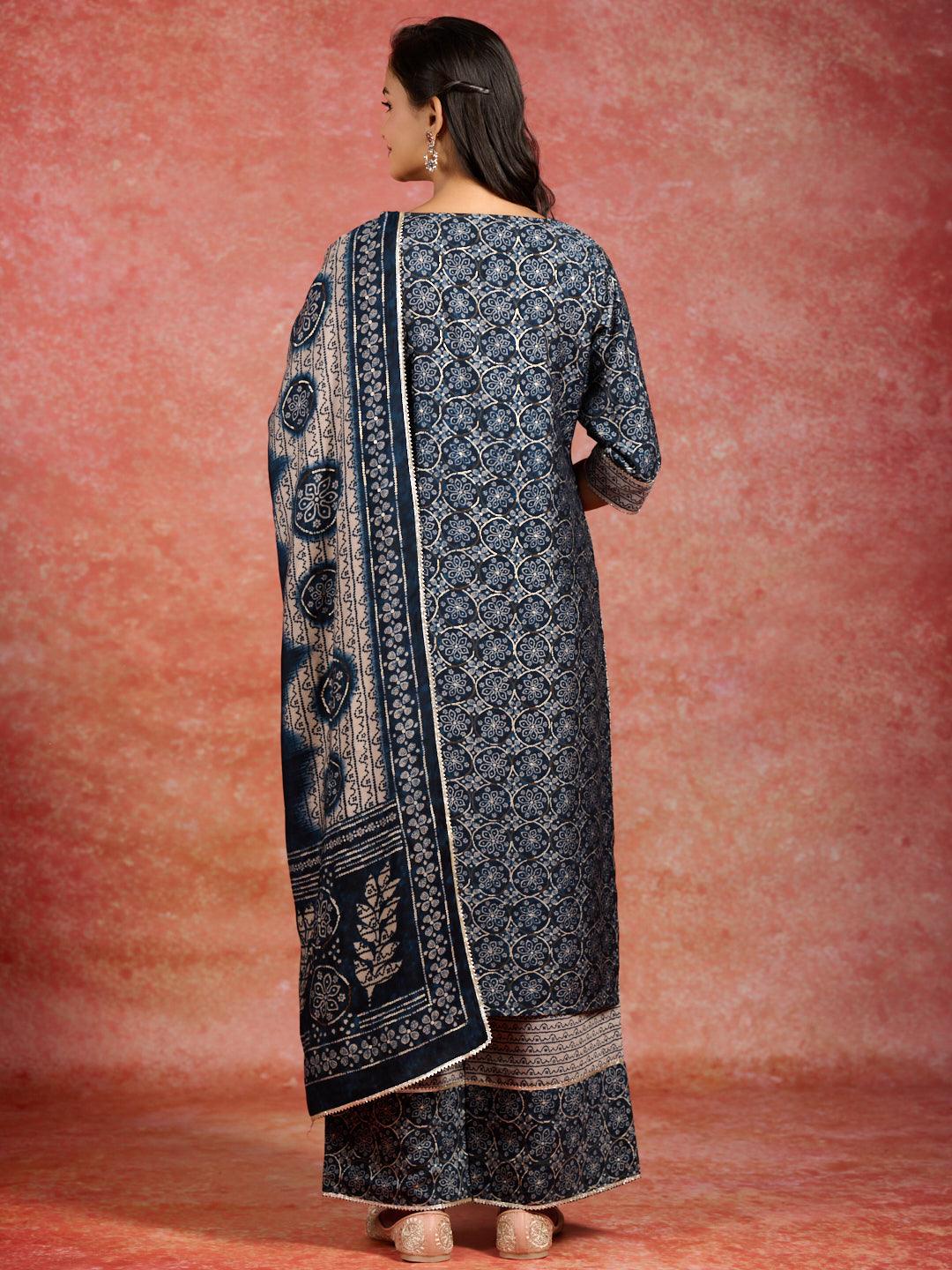 Blue Printed Silk Blend Straight Kurta With Palazzos & Dupatta - Libas