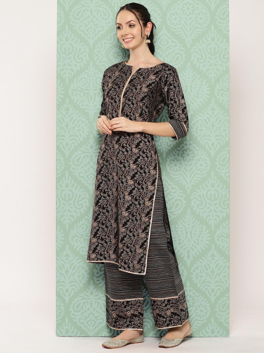 Blue Printed Silk Blend Straight Kurta With Palazzos & Dupatta - Libas 