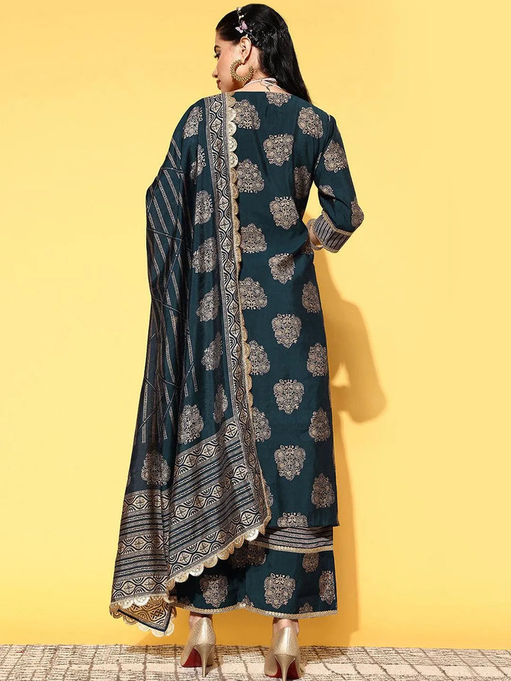 Blue Printed Silk Blend Straight Suit Set - Libas