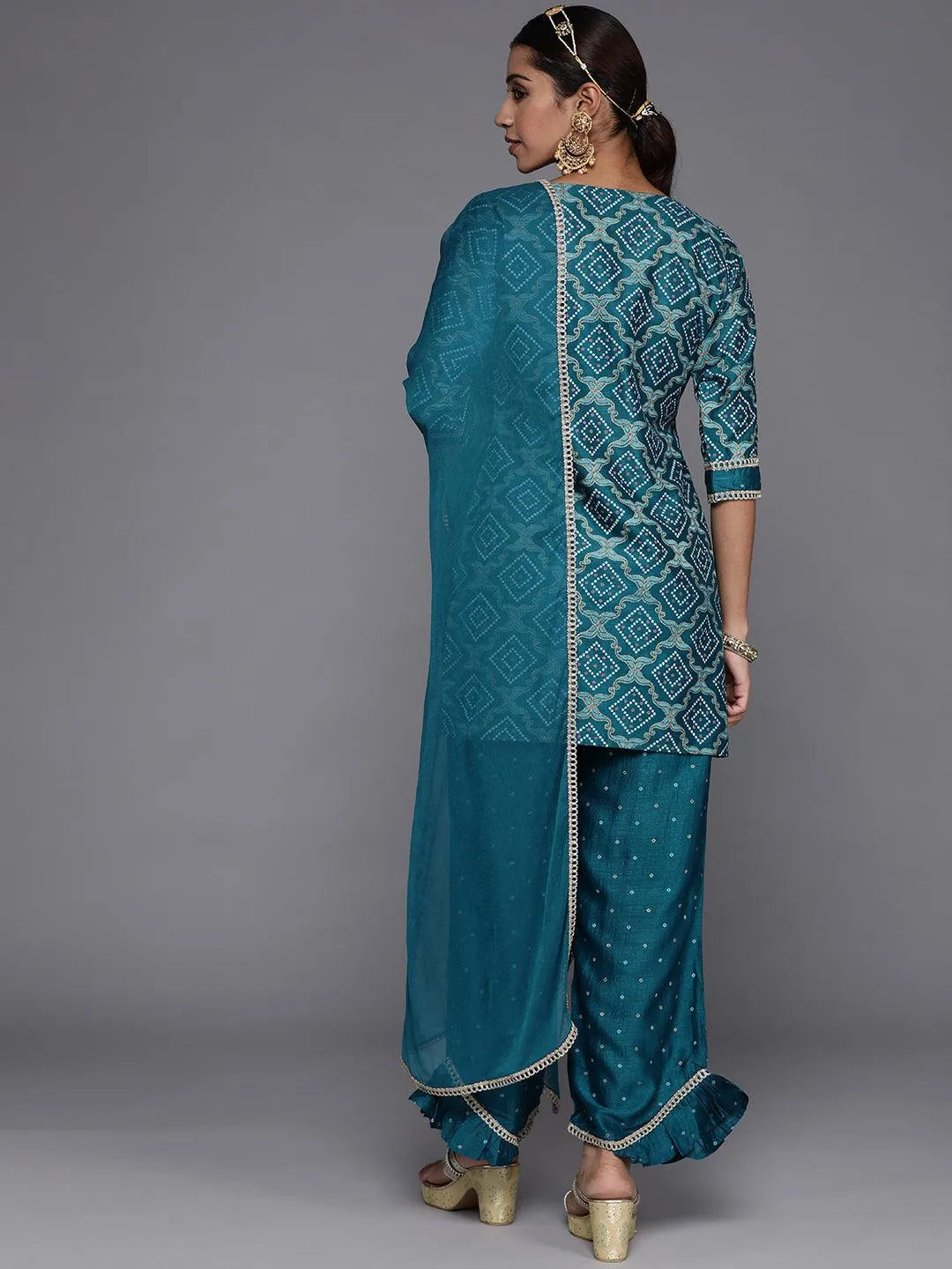 Blue Printed Silk Blend Straight Suit Set With Palazzos - Libas 