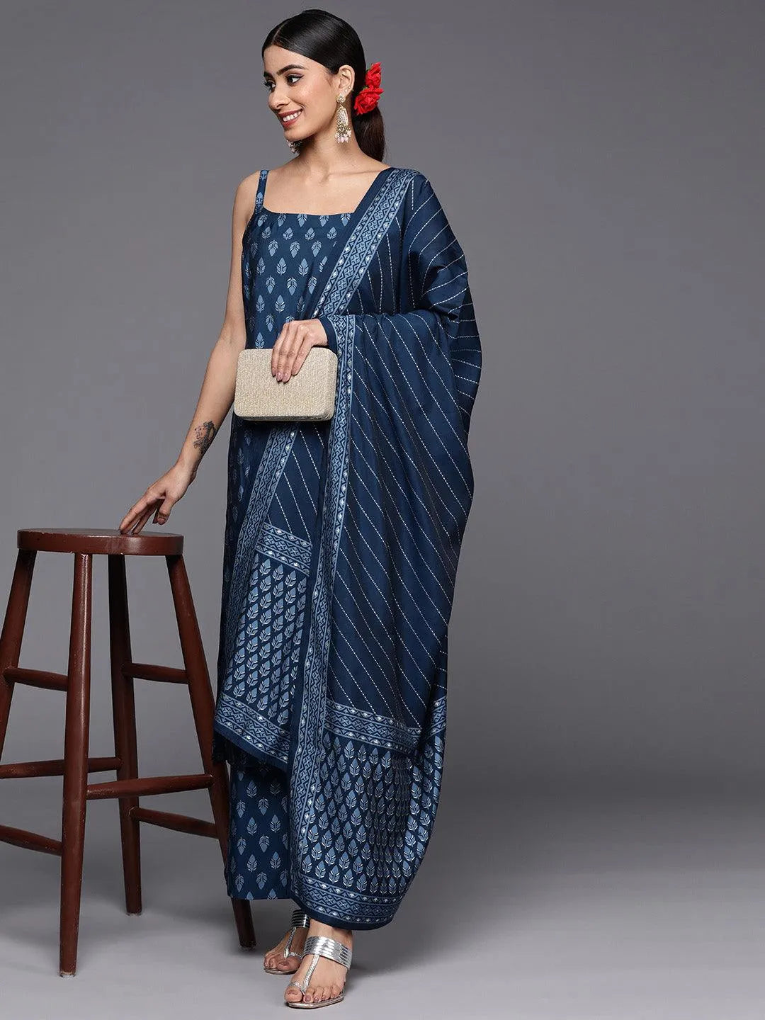 Blue Printed Silk Blend Straight Suit Set With Palazzos - Libas