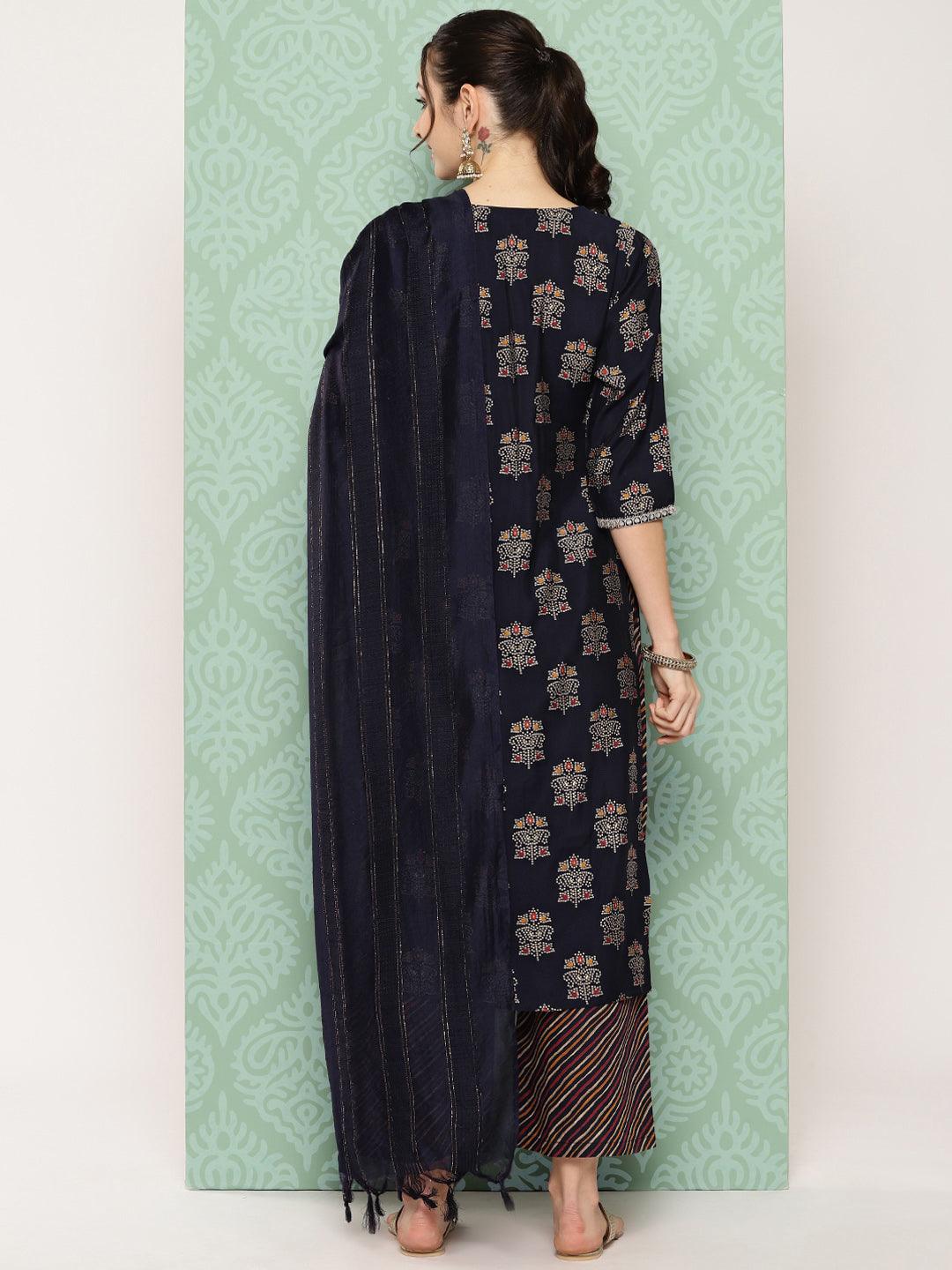 Blue Printed Silk Blend Straight Kurta With Palazzos & Dupatta - Libas