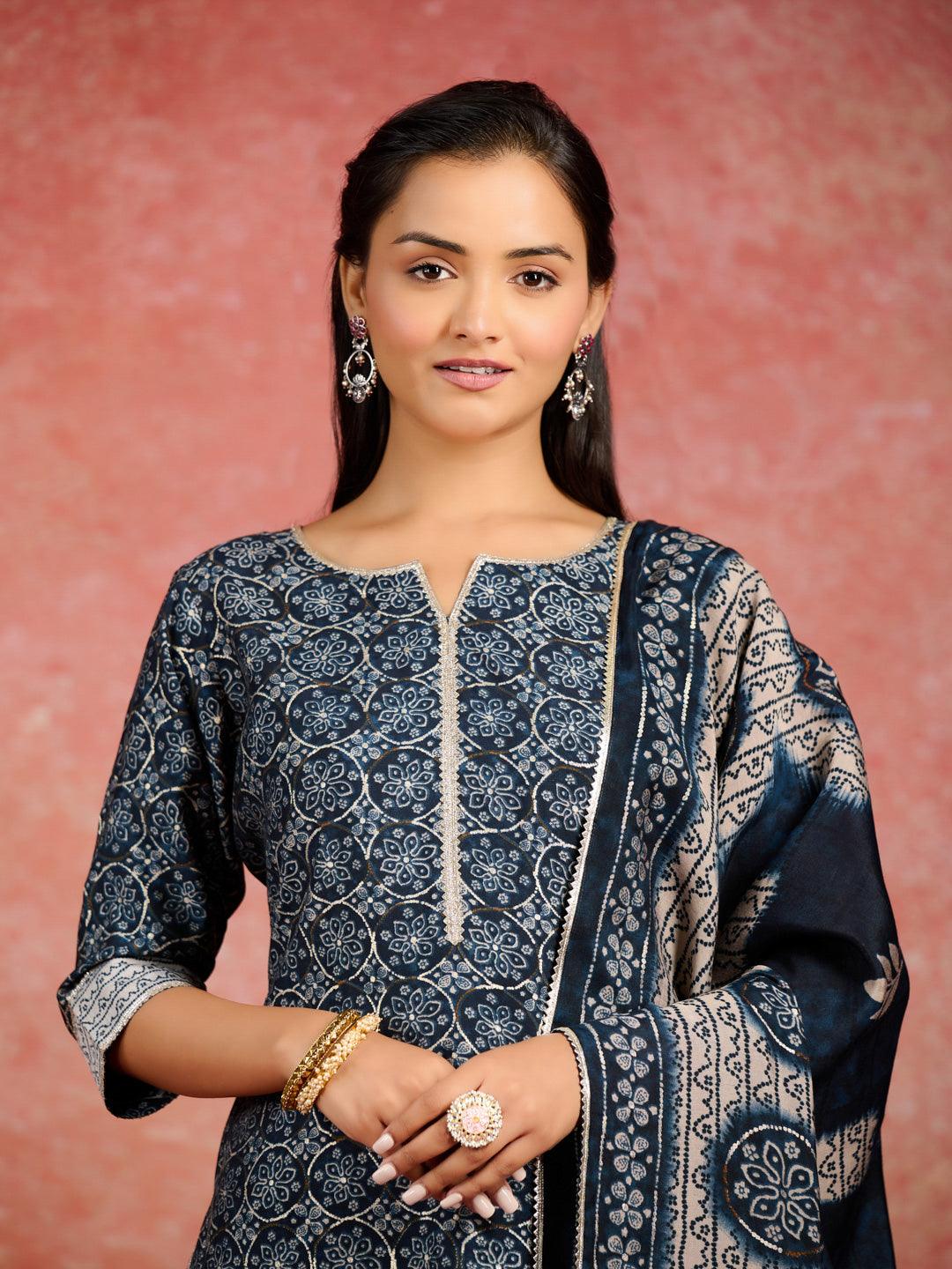 Blue Printed Silk Blend Straight Kurta With Palazzos & Dupatta - Libas