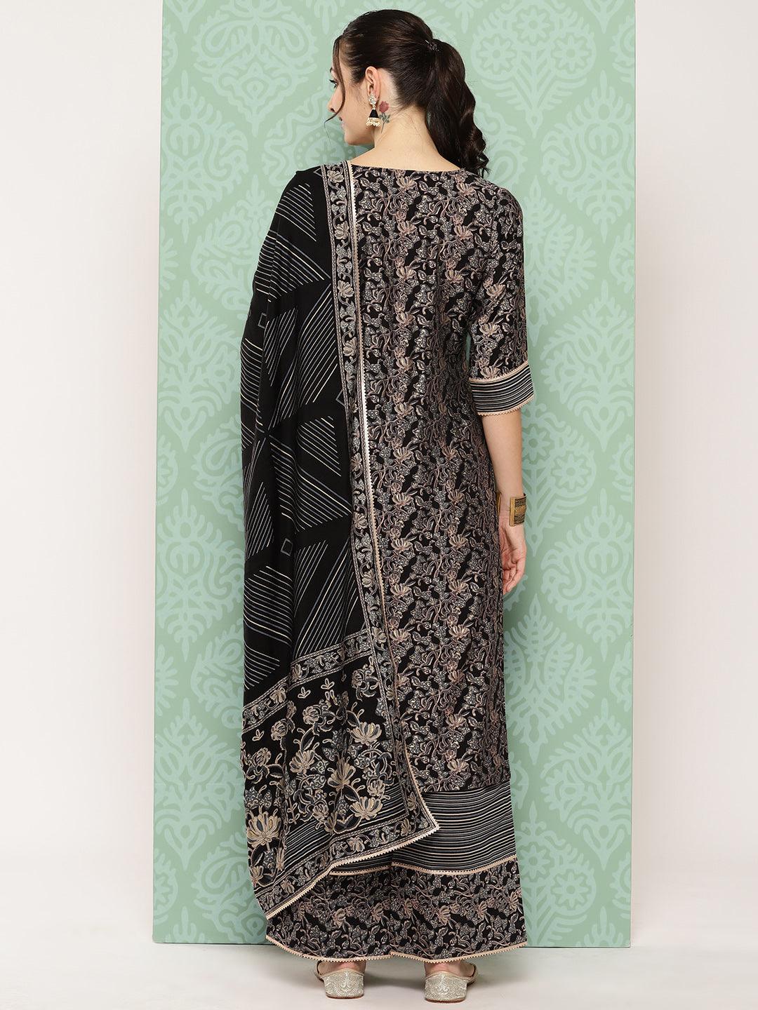 Blue Printed Silk Blend Straight Kurta With Palazzos & Dupatta - Libas 