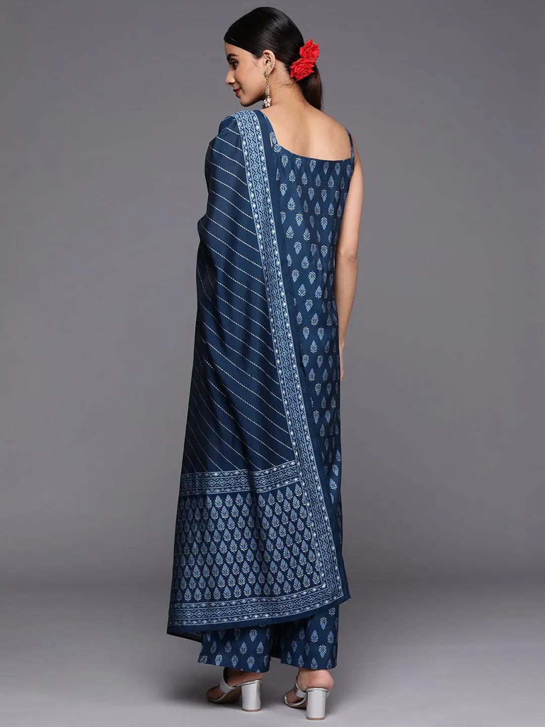 Blue Printed Silk Blend Straight Suit Set With Palazzos - Libas