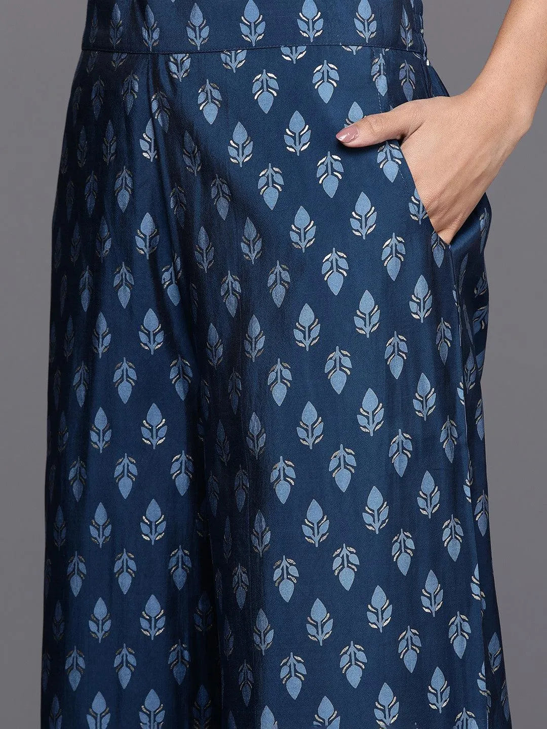 Blue Printed Silk Blend Straight Suit Set With Palazzos - Libas 