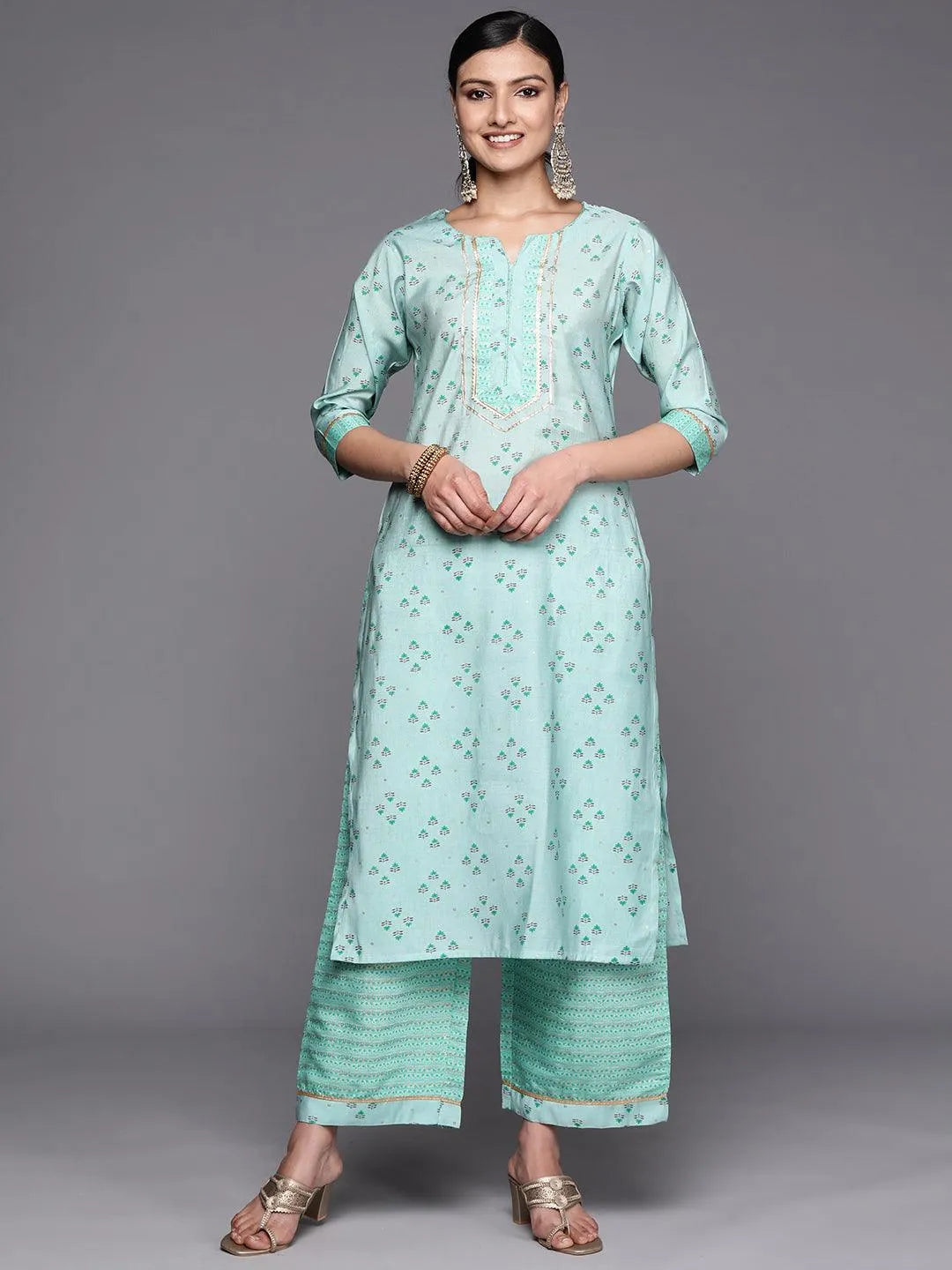 Blue Printed Silk Blend Straight Kurta Set With Palazzos - Libas