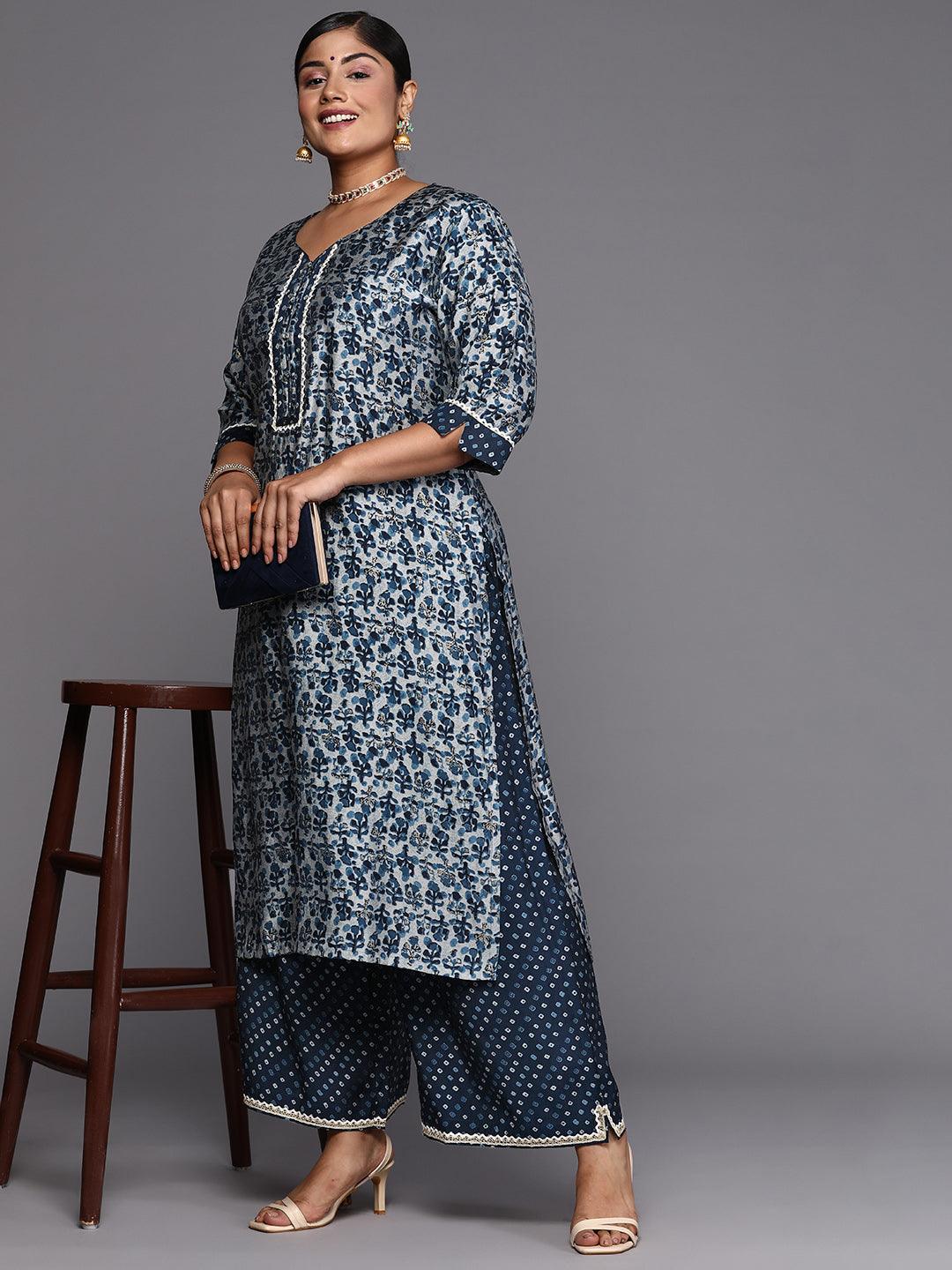 Blue Printed Silk Blend Straight Kurta With Palazzos & Dupatta - Libas