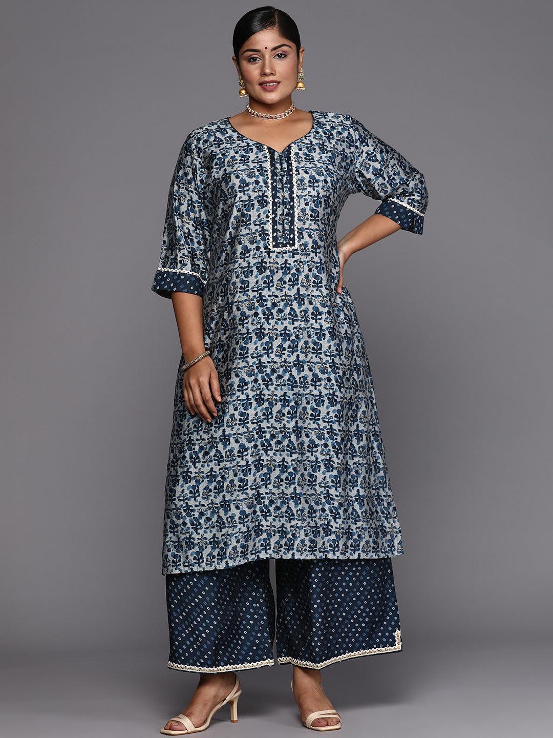 Blue Printed Silk Blend Straight Kurta With Palazzos & Dupatta - Libas