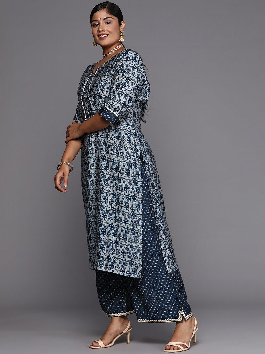 Blue Printed Silk Blend Straight Kurta With Palazzos & Dupatta - Libas