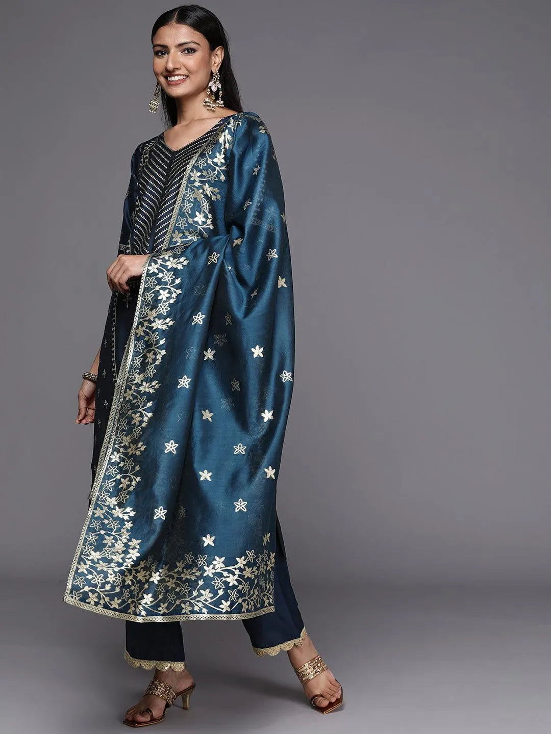 Blue Printed Silk Blend Straight Suit Set - Libas 