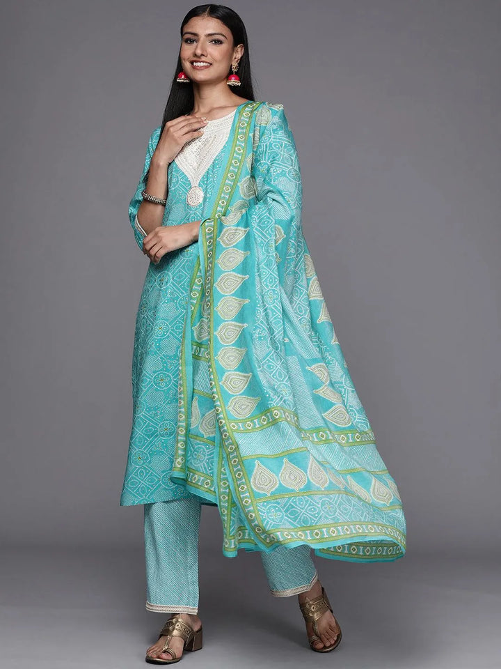 Blue Printed Silk Blend Straight Suit Set - Libas