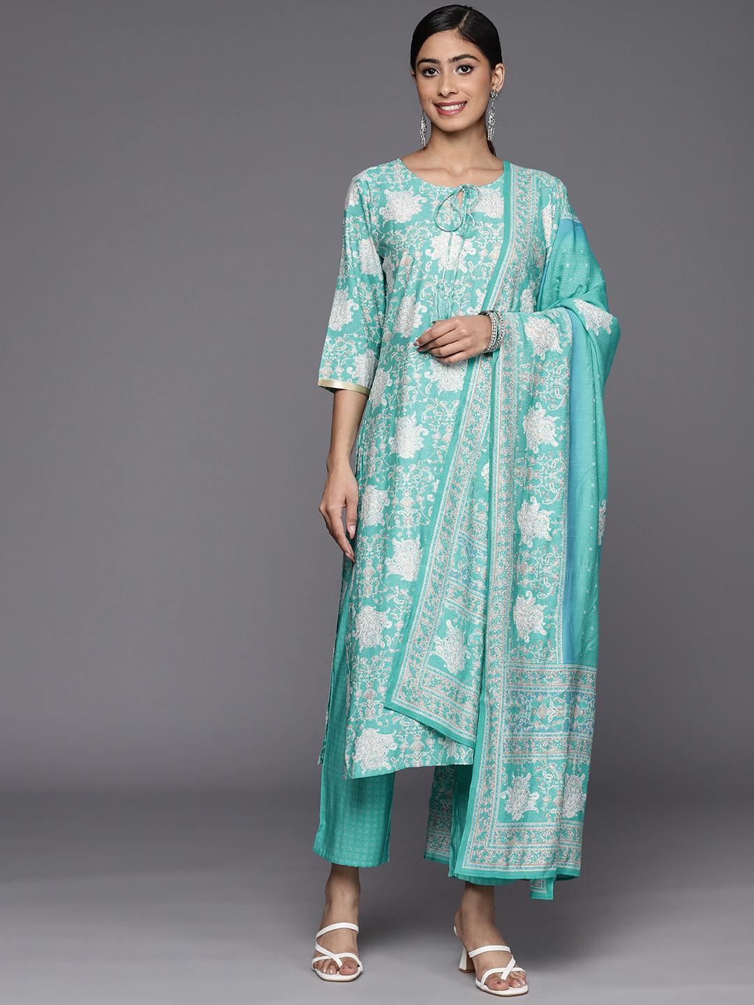 Blue Printed Silk Blend Straight Suit Set With Trousers - Libas 