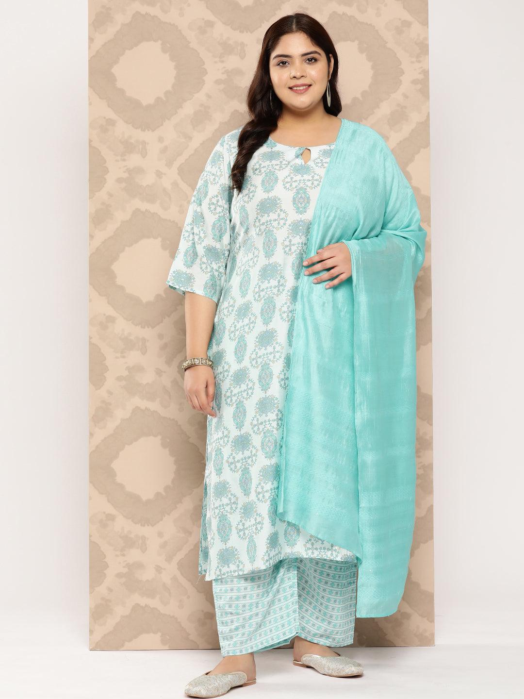 Blue Printed Silk Blend Straight Kurta With Trousers and Dupatta - Libas