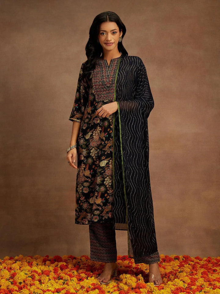 Blue Printed Silk Blend Straight Kurta With Trousers & Dupatta - Libas