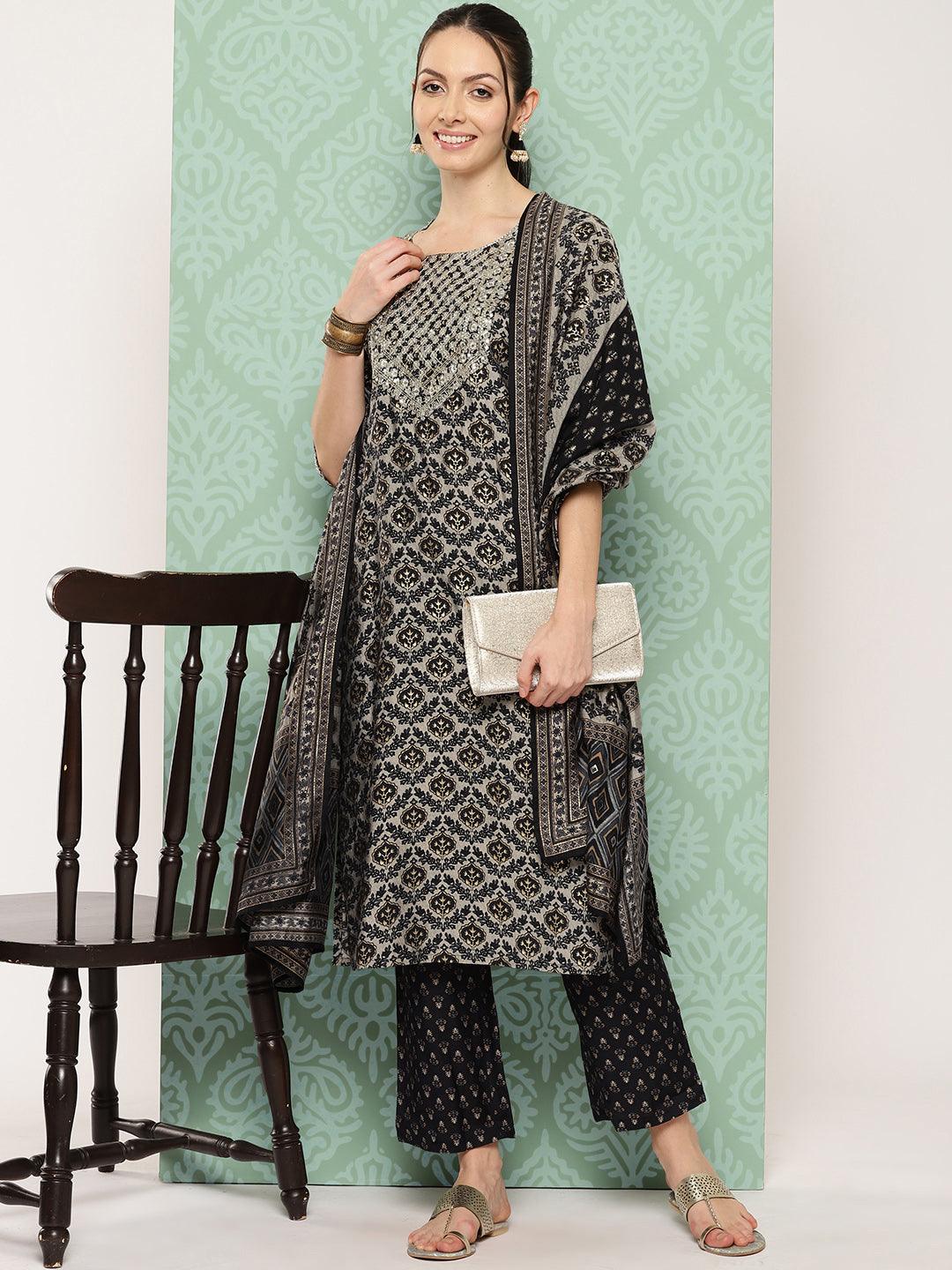 Blue Printed Silk Blend Straight Kurta With Trousers & Dupatta - Libas