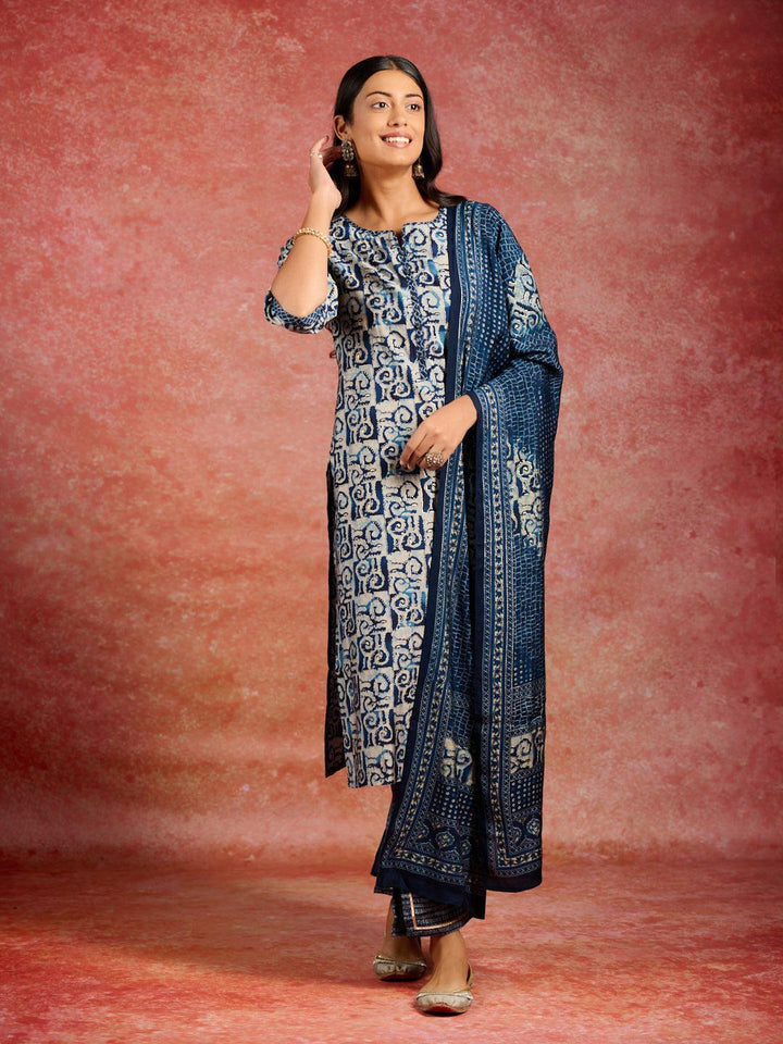 Blue Printed Silk Blend Straight Kurta With Trousers & Dupatta - Libas