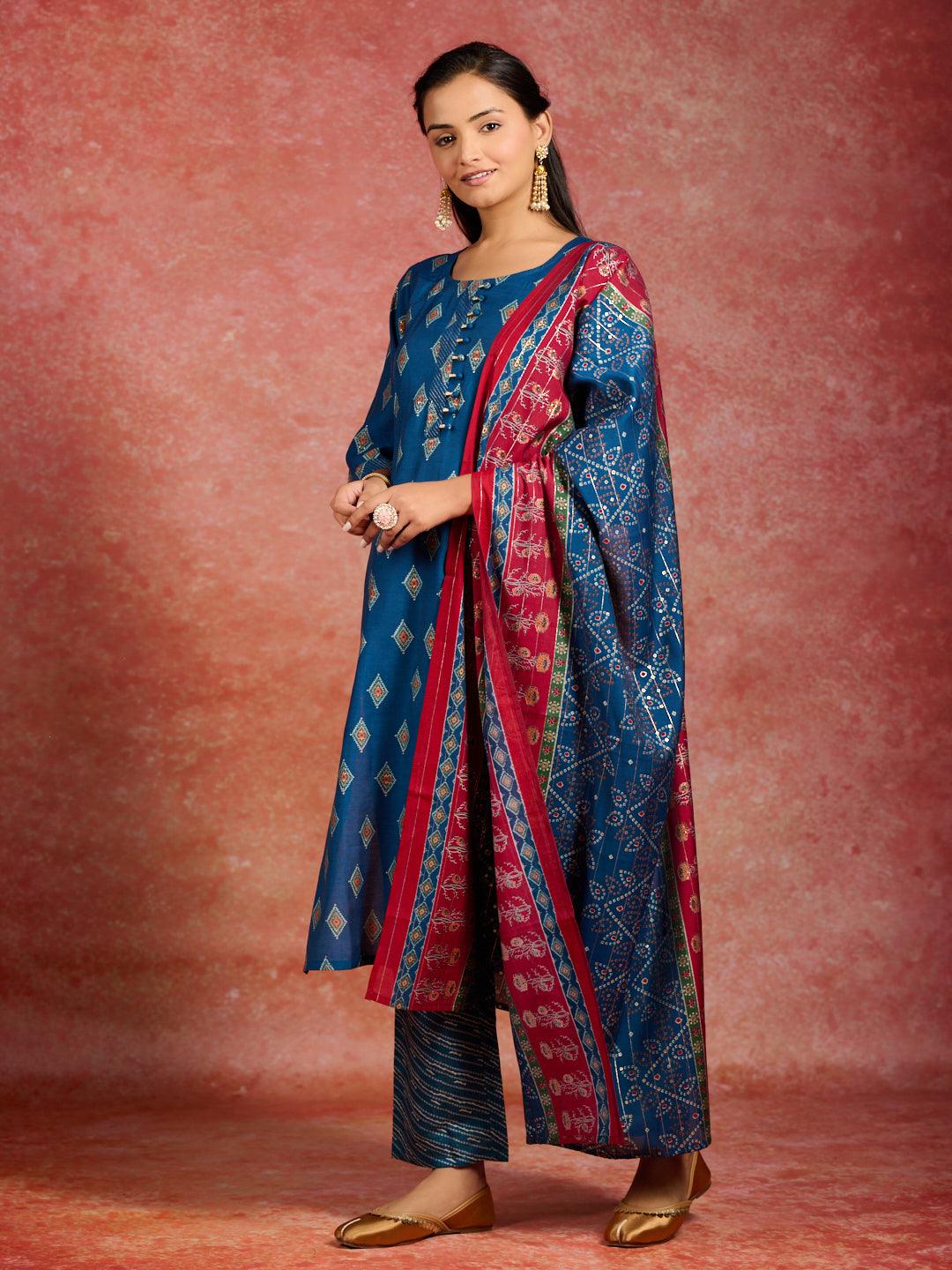 Blue Printed Silk Blend Straight Kurta With Trousers & Dupatta - Libas