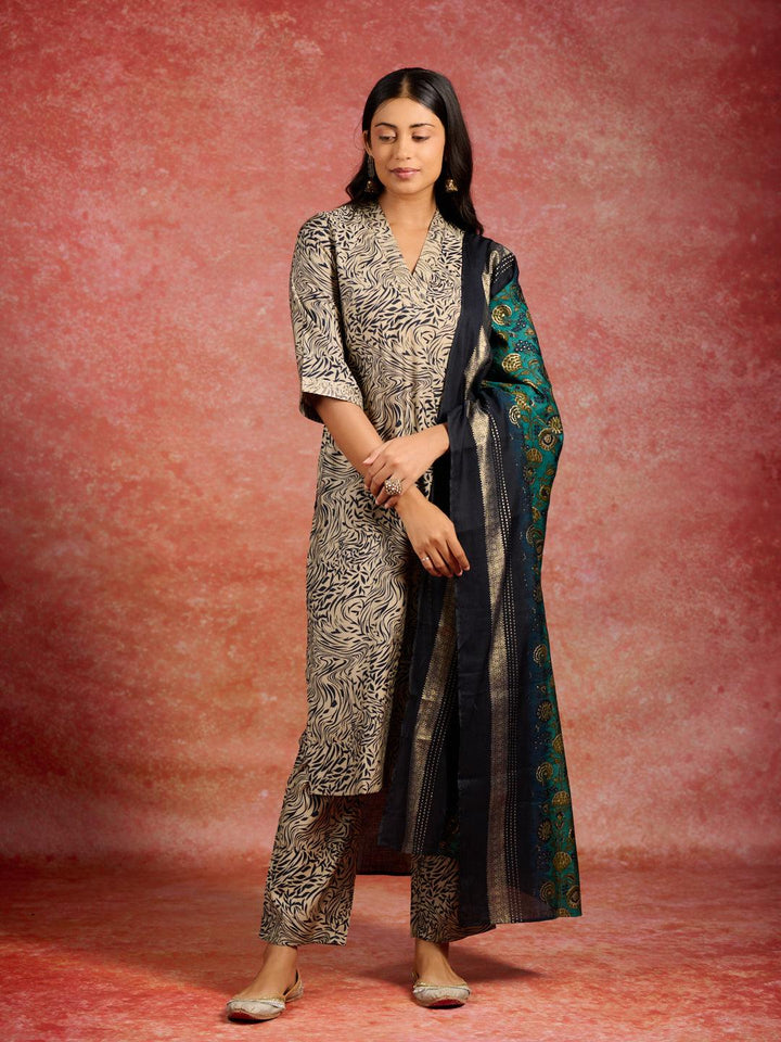 Blue Printed Silk Blend Straight Kurta With Trousers & Dupatta - Libas