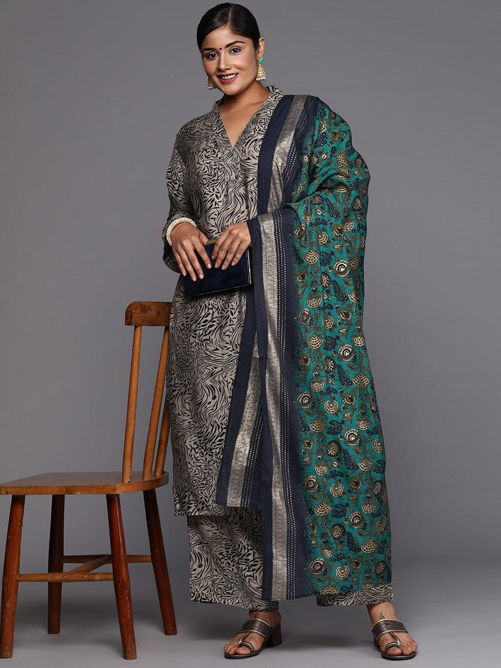 Blue Printed Silk Blend Straight Kurta With Trousers & Dupatta - Libas