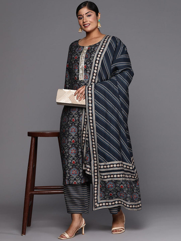 Blue Printed Silk Blend Straight Kurta With Trousers & Dupatta - Libas