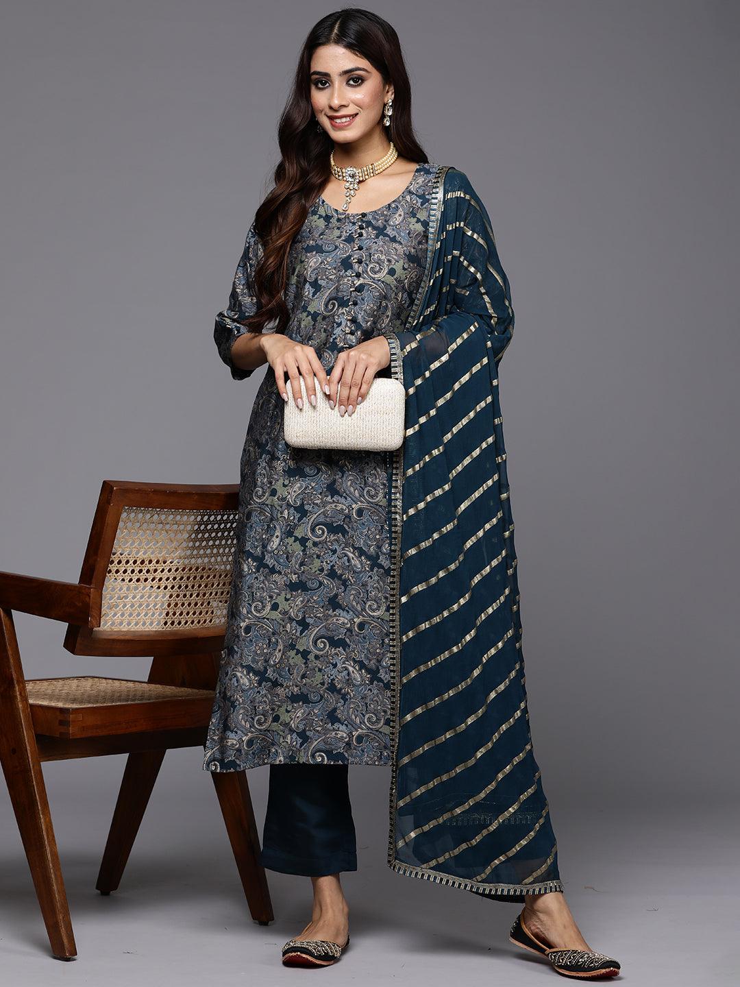 Blue Printed Silk Blend Straight Kurta With Trousers & Dupatta - Libas