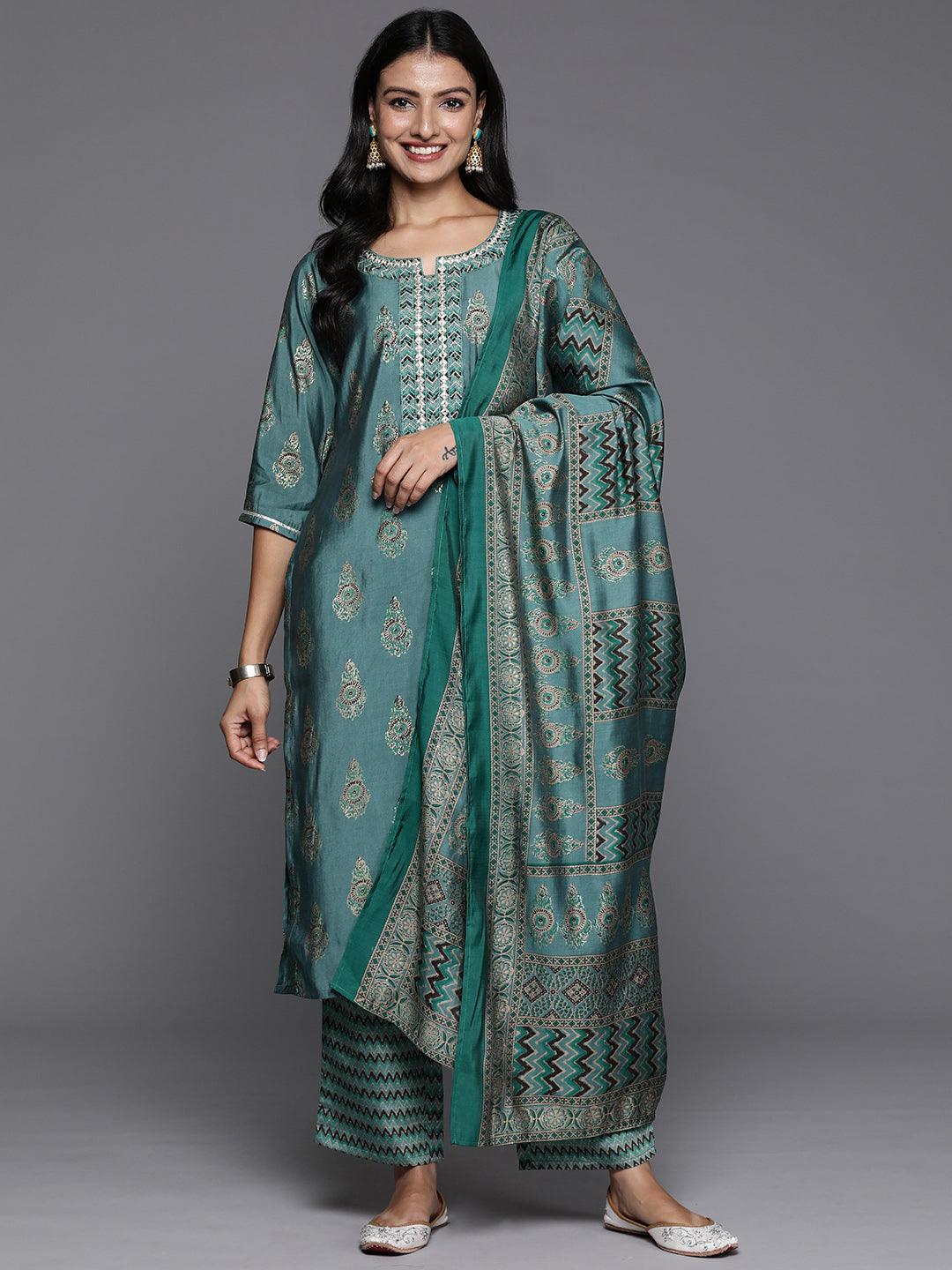 Blue Printed Silk Blend Straight Kurta With Trousers & Dupatta - Libas 