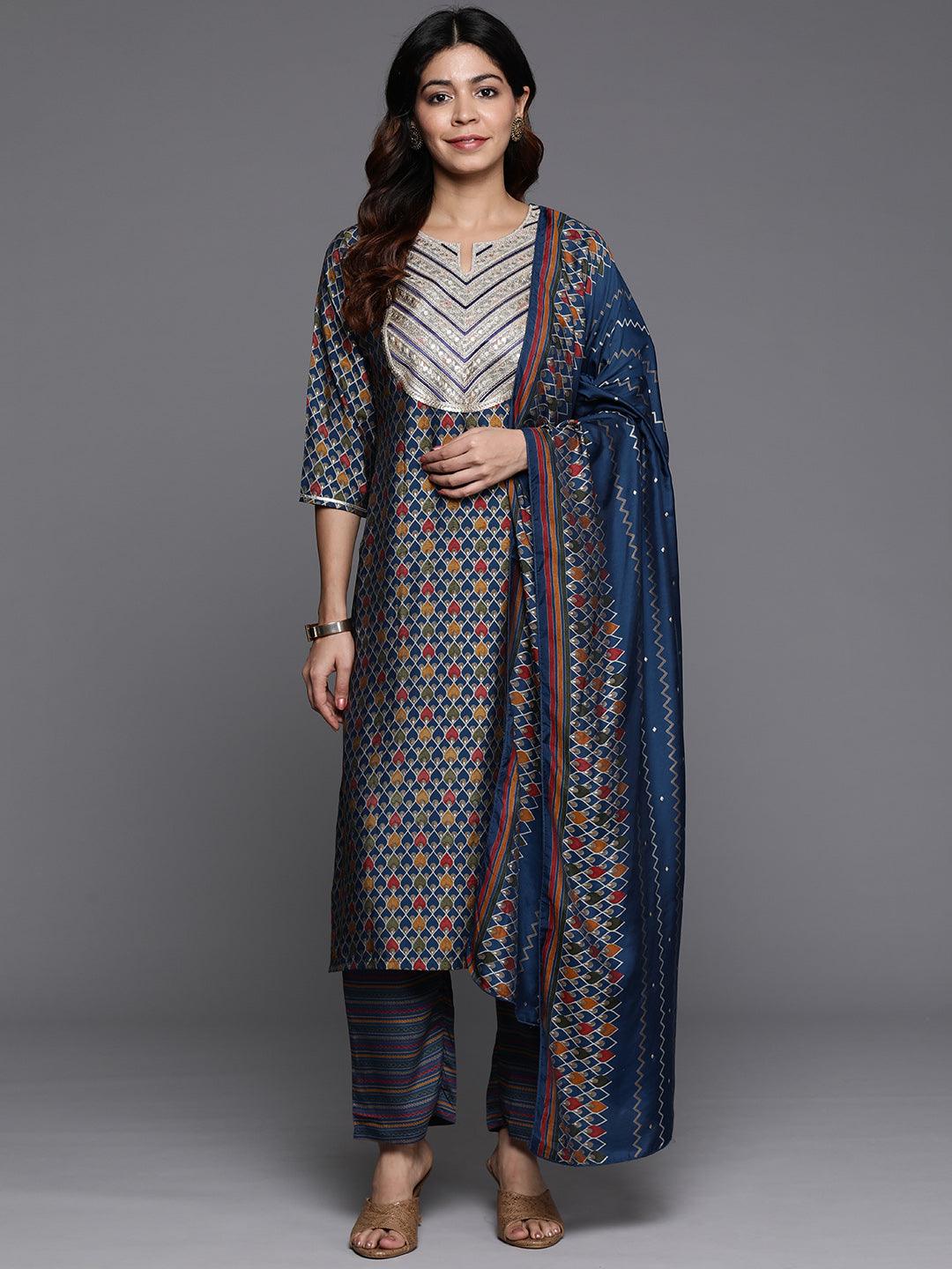 Blue Printed Silk Blend Straight Kurta With Trousers & Dupatta - Libas